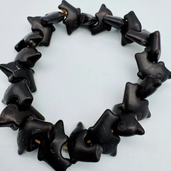 VTG Hand Carved Black Dolphin Bead Stretch Bracelet Nautical Boho Women Jewelry - Picture 3 of 9